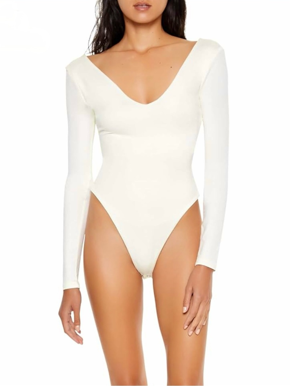 NWOT SKIMS White Long-Sleeve V-Neck Bodysuit thong onesie